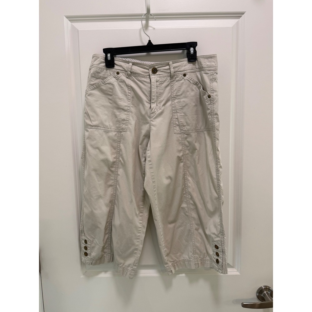 Khakis & Co Women Beige Utility Crop Capri Pants Size 10 Button Hem Pocket Stone